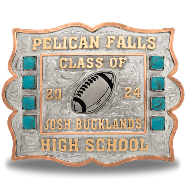 A custom silver and turquoise belt buckle for Pelican Falls High School featuring a football figure 